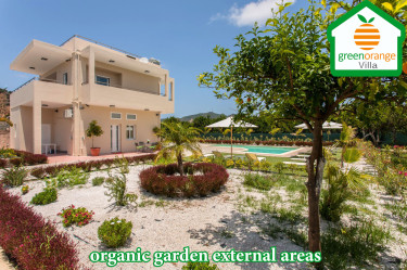 Family holidays, green orange villa rental home in Chania Crete Greece