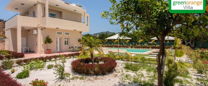 Family holidays, green orange villa rental home in Chania Crete Greece